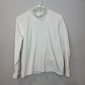 Vintage Jos. A Bank 100% Cotton White Lace Trim Pleated Long Sleeve Blouse 10
